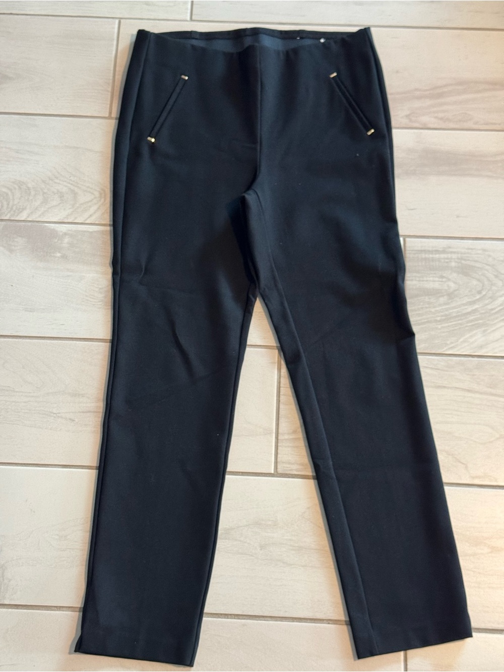 Chico's Black Straight-Leg Ponte Pants with Gold Accents